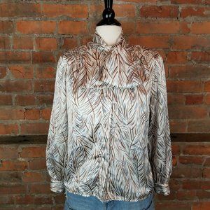 Vintage Women's CareerBlouse PussyBow Ivory w/BrownGray LeafPrint LgSleeves Sz12